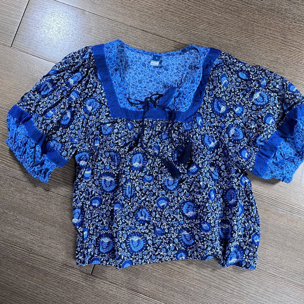 Blue Boho Prairie Top with Square Split Neck Tassels Puff Sleeve Cottagecore